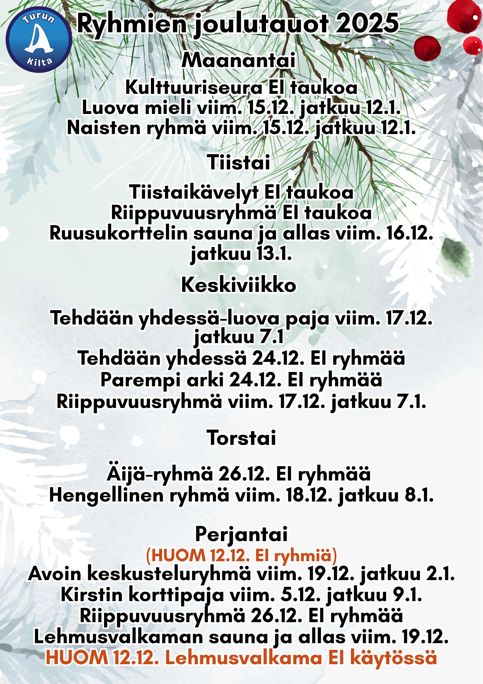 Ryhmien tauot 2025 Ryhmien tauot 2025